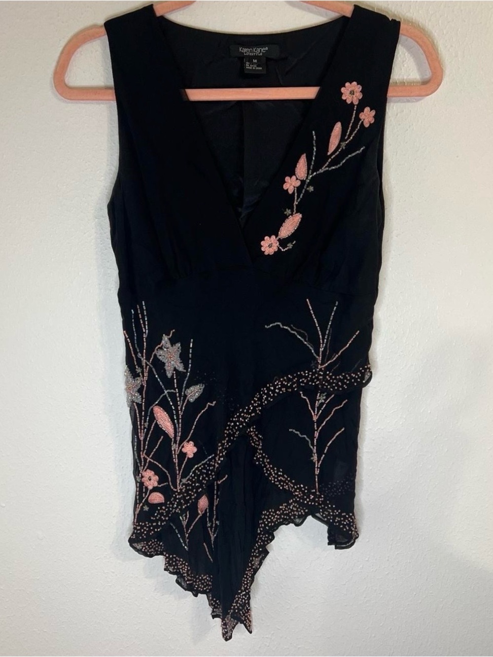 Karen Kane Black Sleeveless V-Neck Tunic with Pink Floral Embroidery